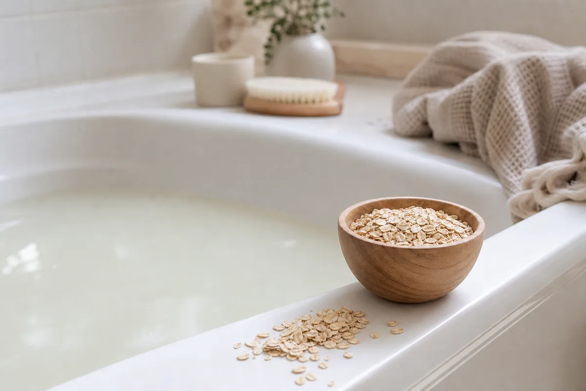 Bain d’avoine colloïdale préparé dans une baignoire pour apaiser une peau qui démange