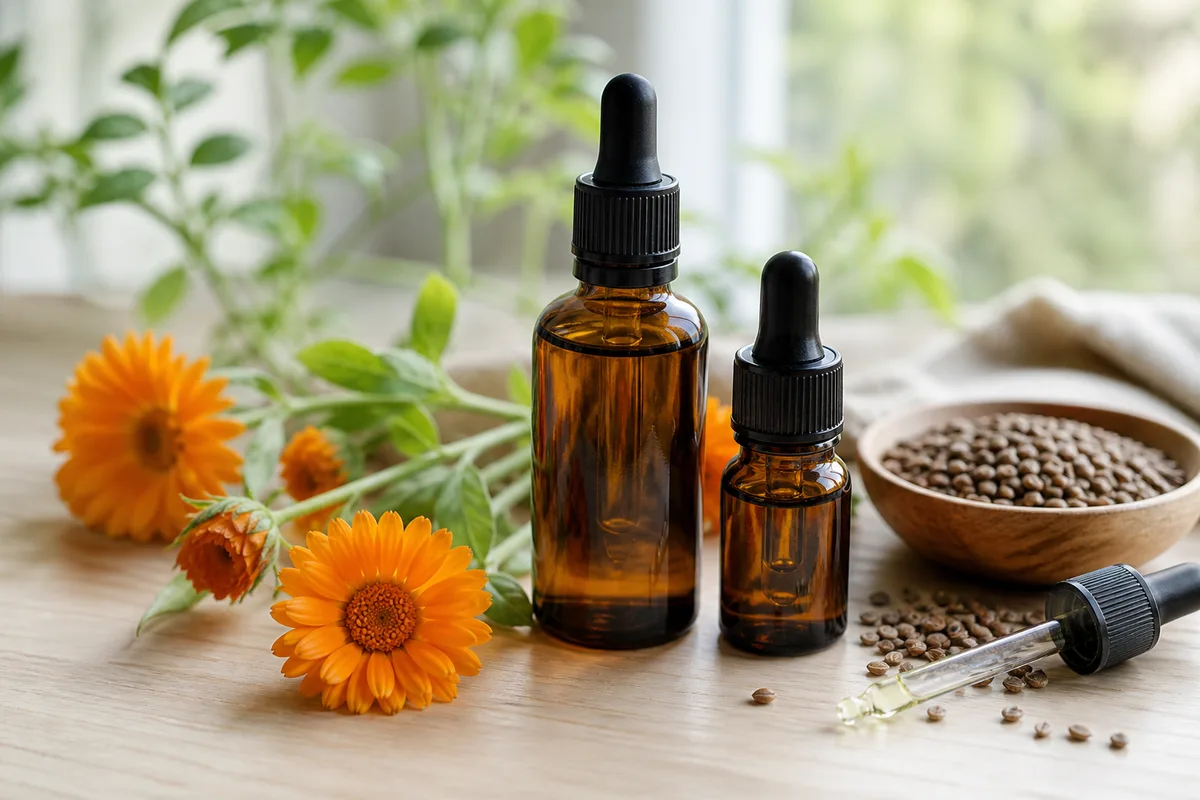 Flacons d’huiles végétales d’onagre et de calendula pour soin de la peau atopique