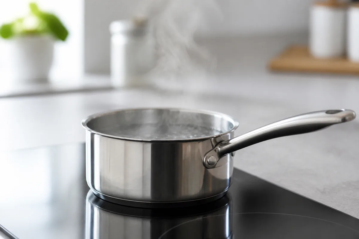 Casserole d’eau frémissante sur une plaque de cuisson, vapeur légère et cuisine épurée