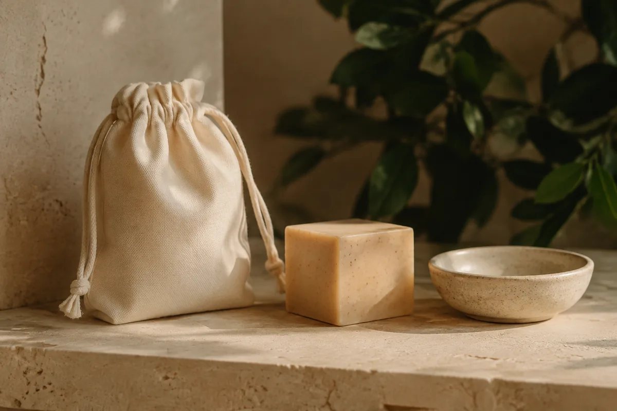 Pochette en coton écru et savon doux posés sur une étagère de salle de bains en pierre claire