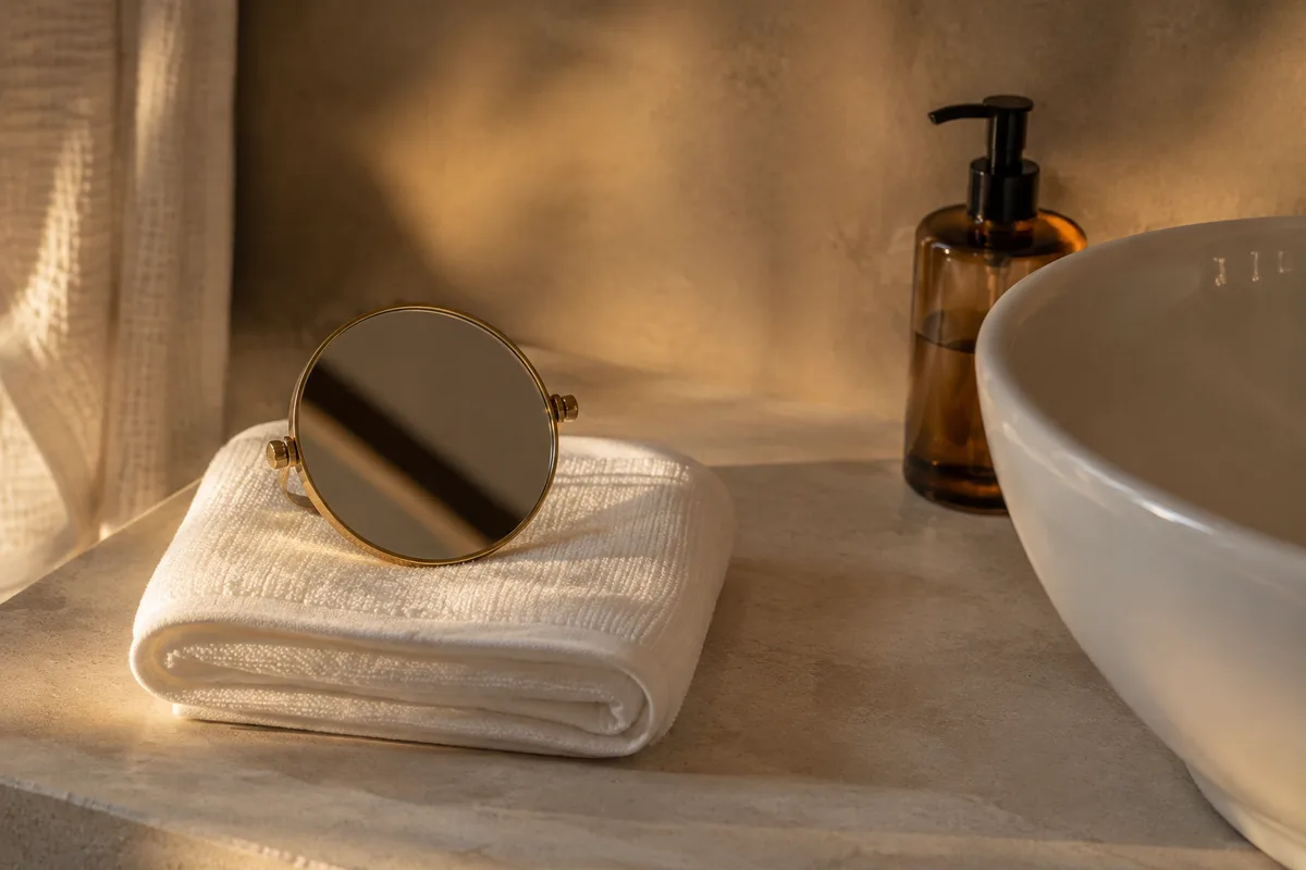 Serviette pliée et petit miroir sur un plan de toilette clair, ambiance calme et lumière tamisée