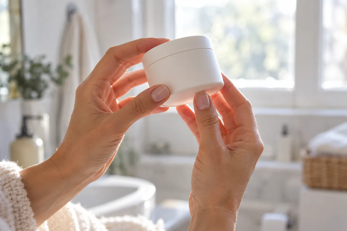 Mains tenant un petit pot de crème retourné vers la lumière d’une fenêtre, plan rapproché