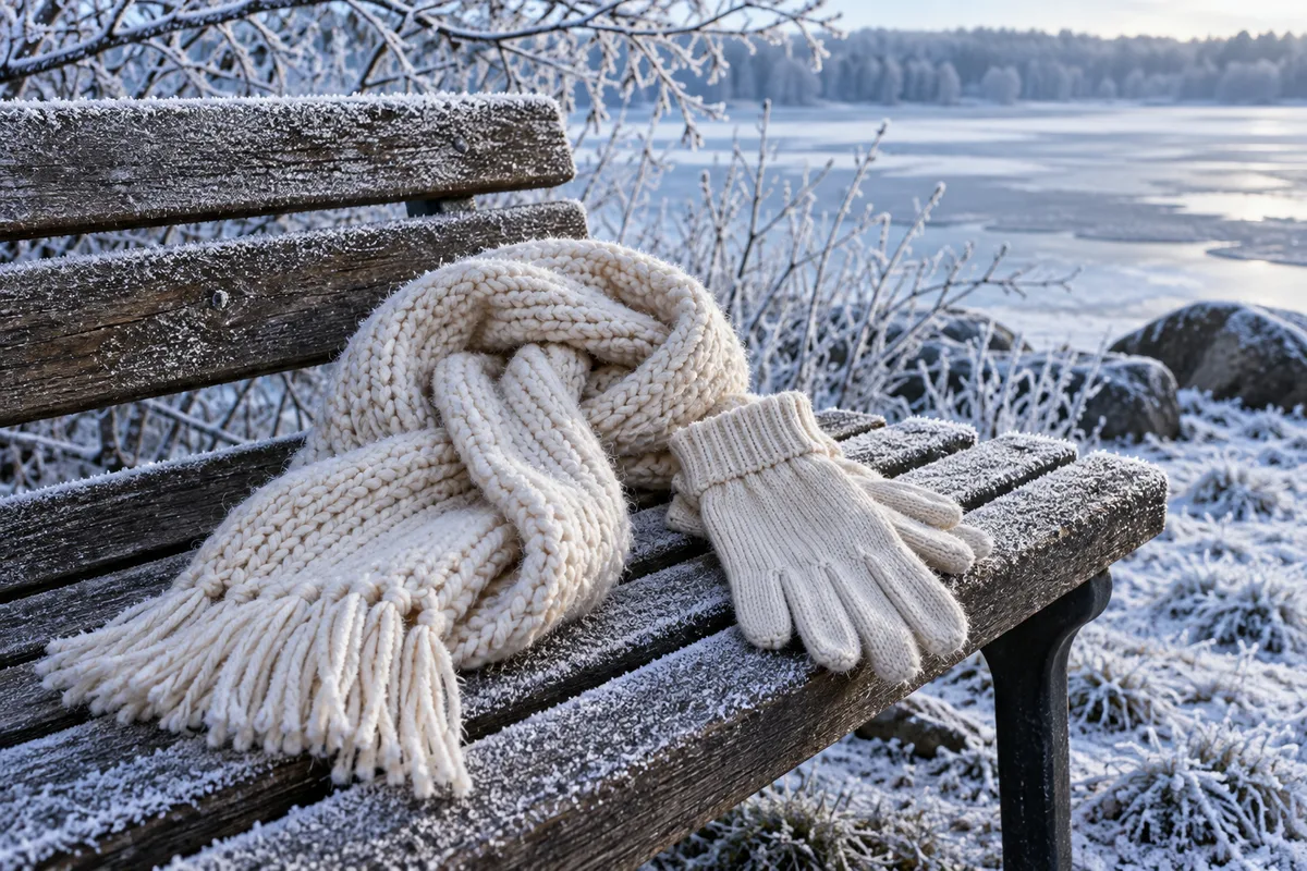 Écharpe en laine épaisse couleur crème et gants en maille posés sur un banc en bois givré, branches couvertes de givre en arrière-plan