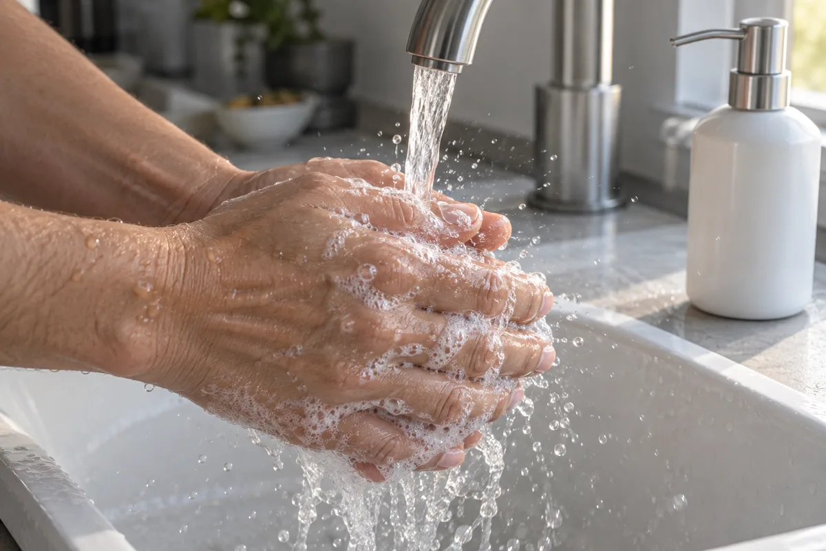 Deux mains rincées sous un filet d’eau à un robinet de cuisine en inox