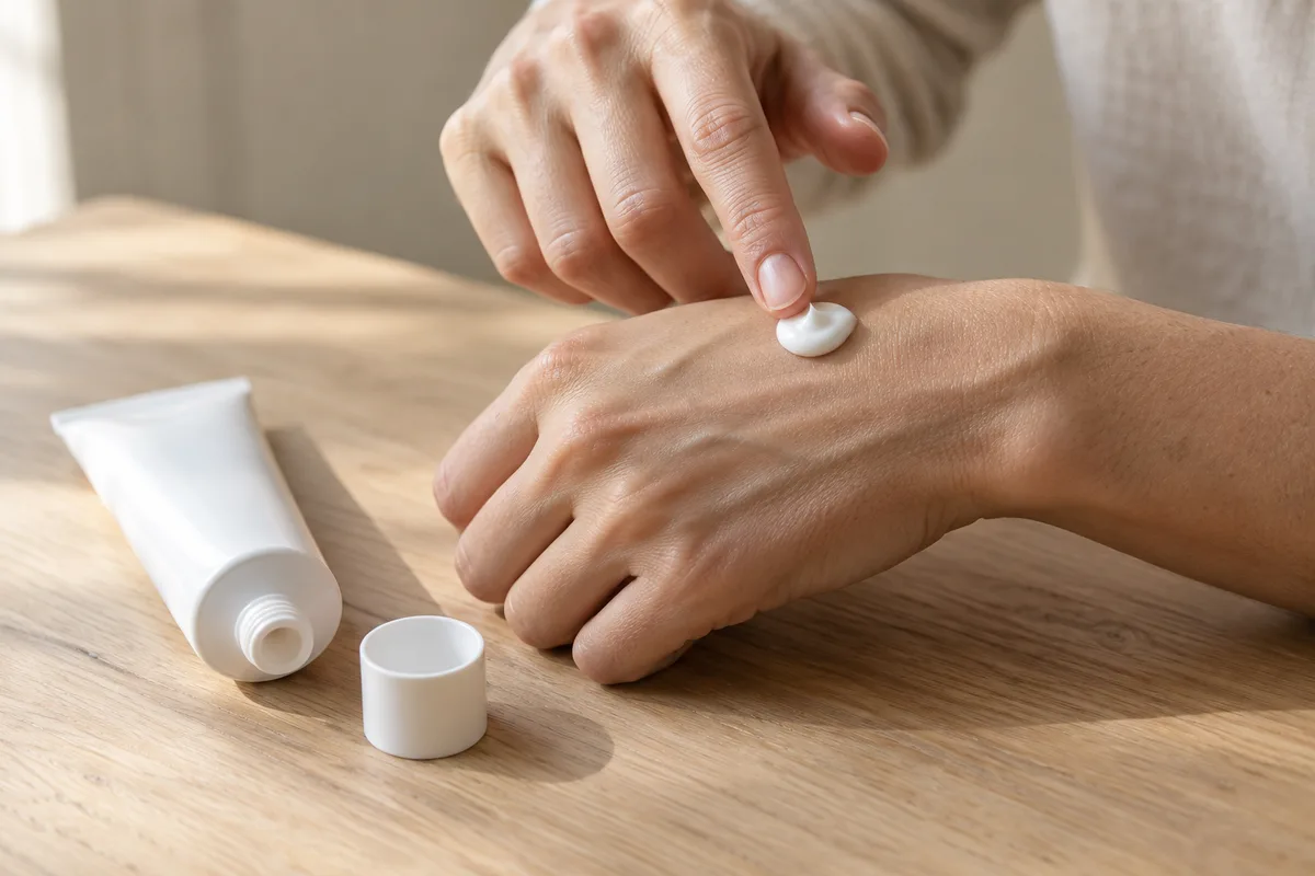 Noisette de crème blanche déposée sur le dos d’une main, tube uni posé à côté
