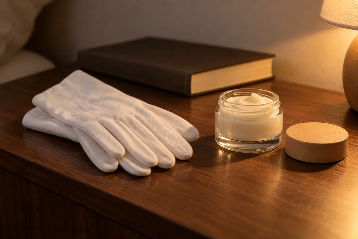 Gants de coton blancs pliés près d’un pot en verre uni sur une table de nuit