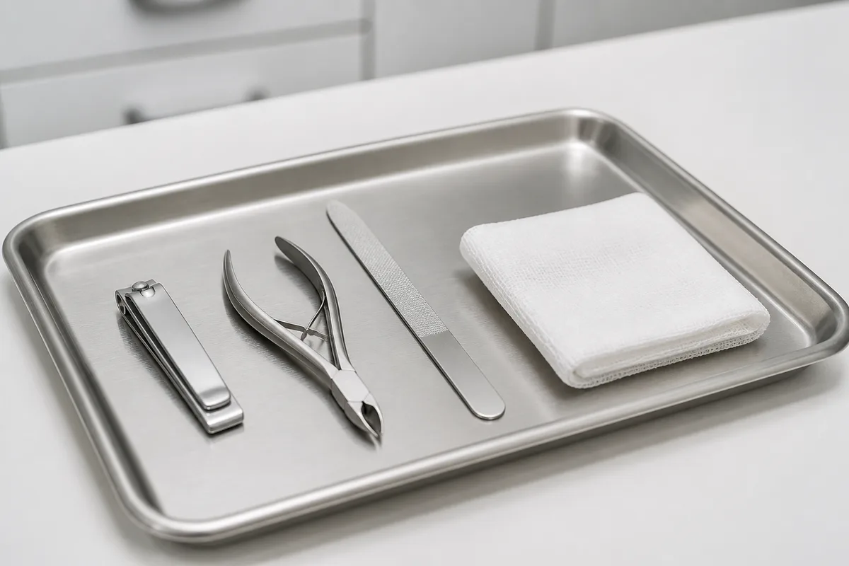Matériel de pédicurie propre disposé sur un plateau en inox, coupe-ongles et lime, lumière de cabinet