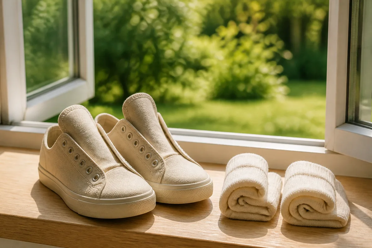 Chaussures en toile aérées posées près d&rsquo;une fenêtre ouverte, chaussettes en coton pliées à côté