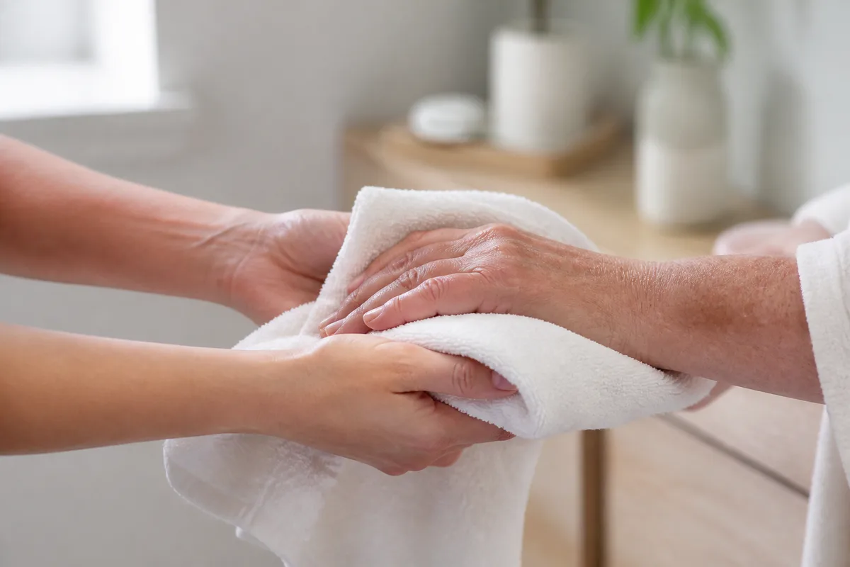 Mains d’aidant séchant délicatement l’avant-bras d’une personne âgée avec une serviette en coton
