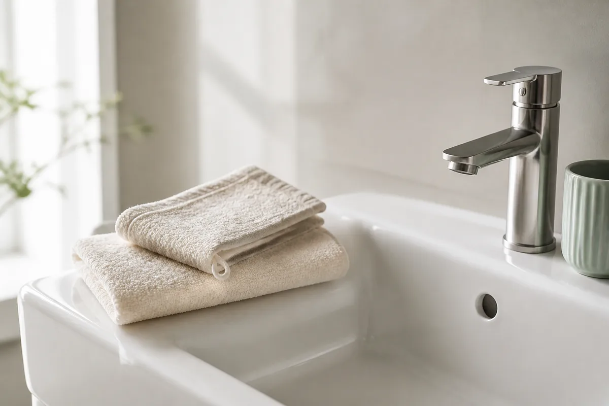 Gant de toilette en coton et serviette pliée posés sur un rebord de lavabo en céramique claire