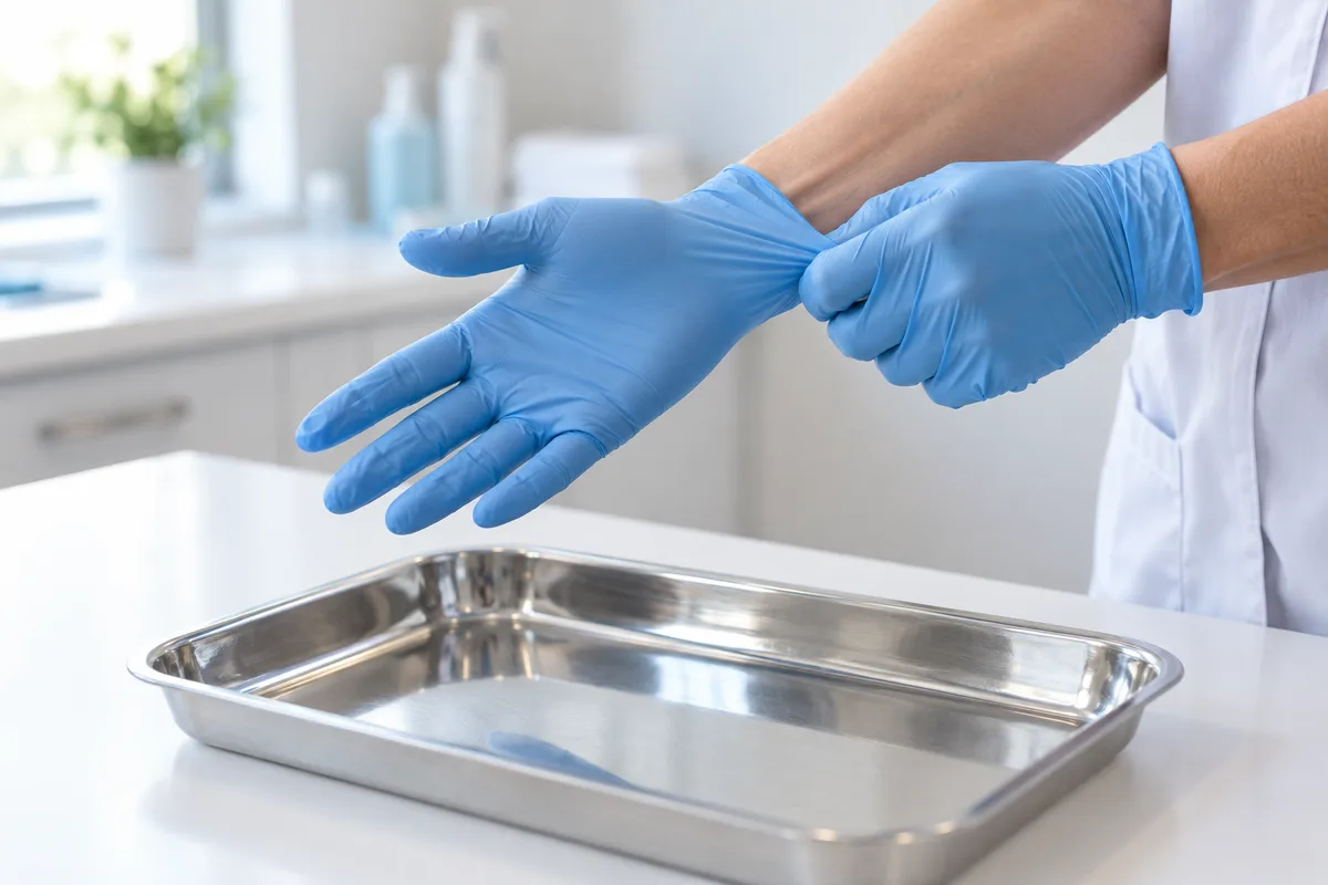 Mains d&rsquo;un soignant qui enfilent des gants d&rsquo;examen bleus près d&rsquo;un plateau inox