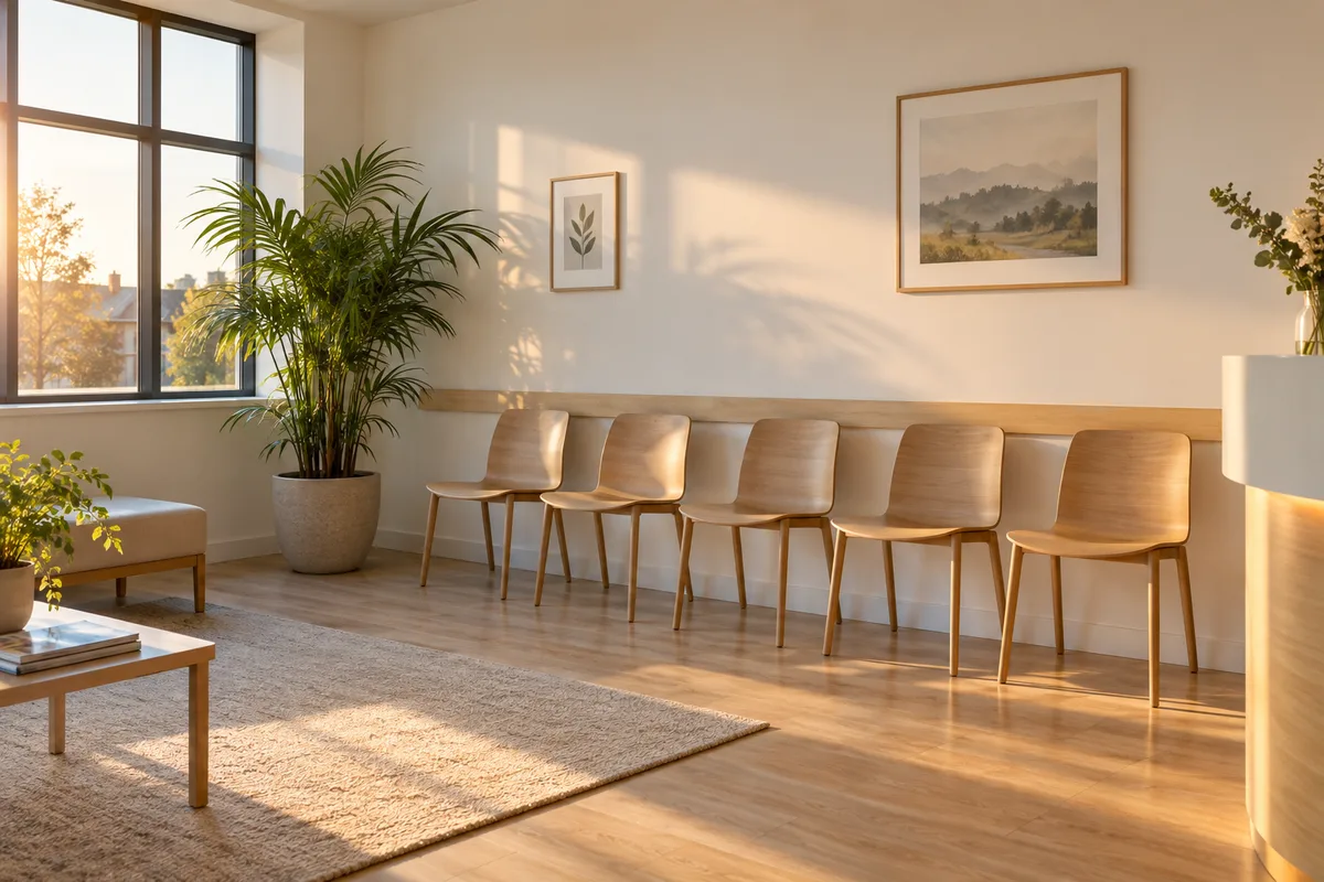 Salle d&rsquo;attente vide d&rsquo;un cabinet avec chaises alignées et plante verte