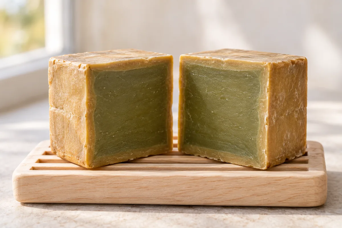 Savon d’Alep coupé en deux qui montre sa croûte dorée et son cœur vert olive