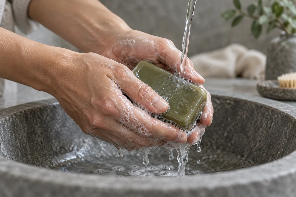 Mains qui font mousser un savon vert sous un filet d’eau au-dessus d’une vasque en pierre