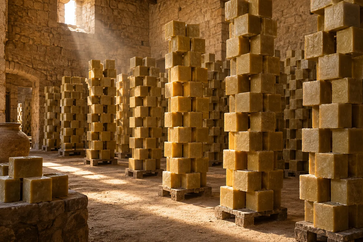 Pains de savon d’Alep empilés en quinconce pour un long séchage dans une réserve en pierre