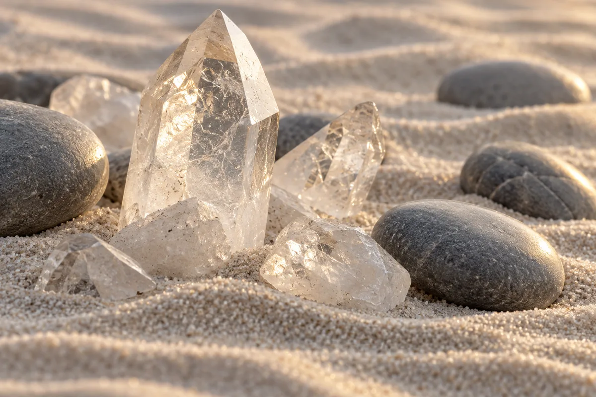 Cristaux de quartz translucides et galets lisses posés sur du sable clair