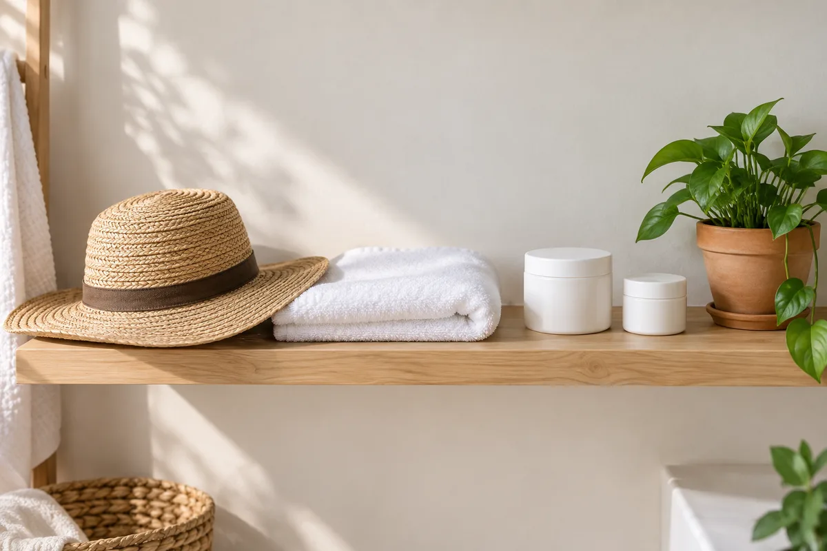 Étagère de salle de bain en bois clair avec deux pots de crème blancs et une serviette pliée