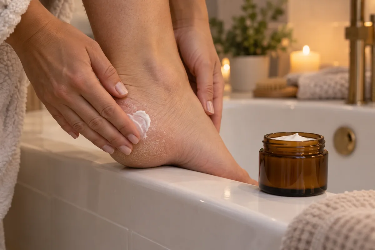 Mains appliquant une crème épaisse sur un talon sec, en gros plan