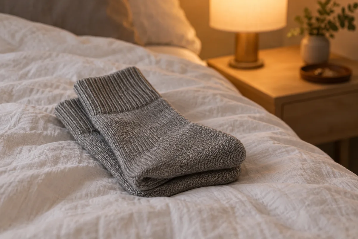 Paire de chaussettes en coton épais pliées sur une couette claire