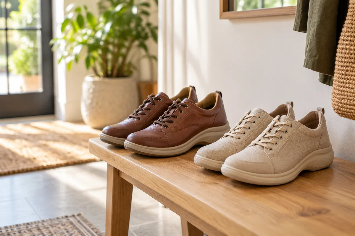 Chaussures fermées et confortables rangées sur un banc dans une entrée lumineuse