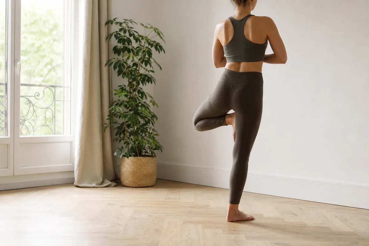 Femme en posture de l’arbre pieds nus dans une pièce lumineuse, appui sur une jambe