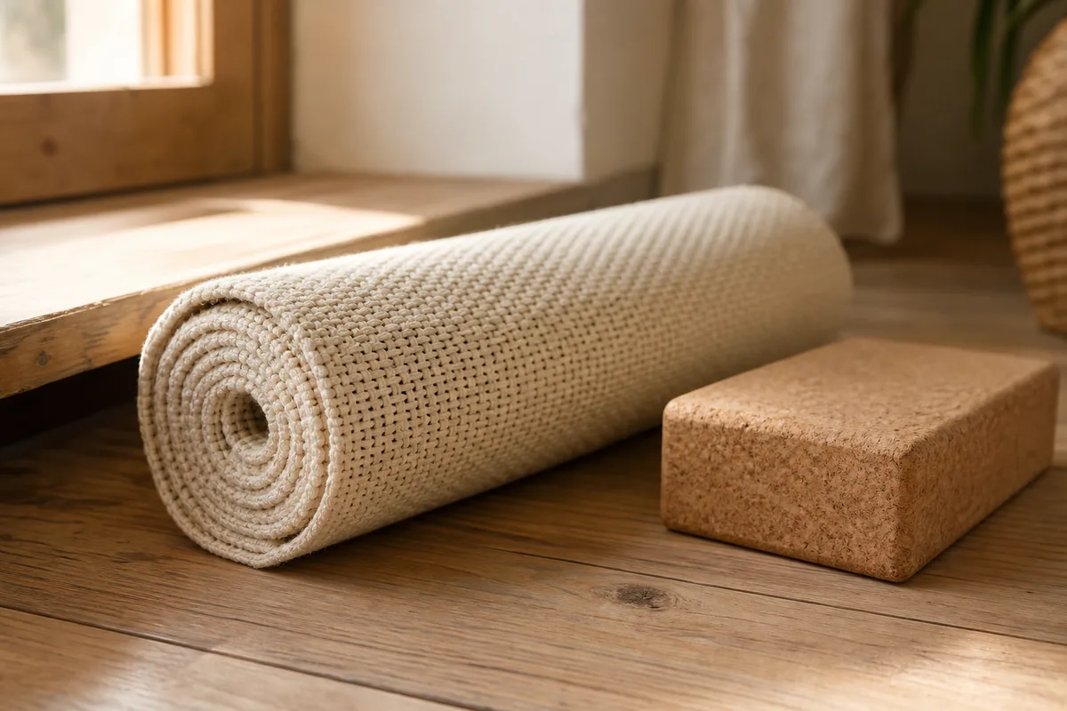 Tapis de yoga en coton biologique tissé roulé posé près d’une fenêtre, lumière naturelle