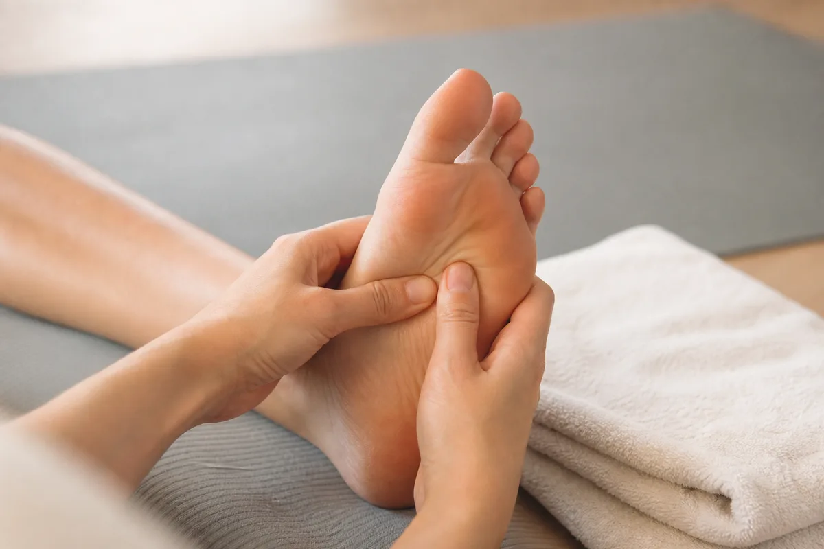Mains massant un pied nu après une séance de yoga, ambiance douce et naturelle